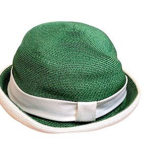 Vintage Miss Ruth Green Straw Bowler Hat White Brim Slightly Misshapen